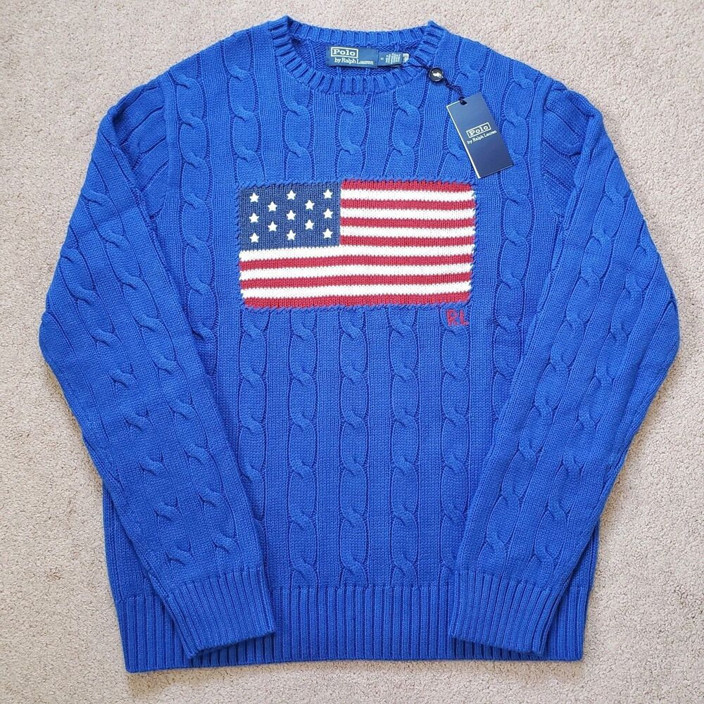 Polo Ralph Lauren Iconic Flag Sz M Cable Knit Olympic Royal Blue Sweater NWT